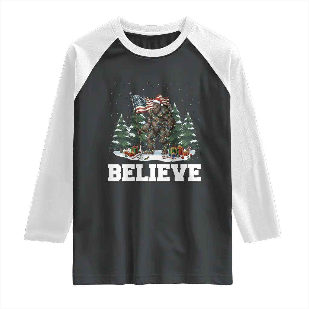 Funny Believe Bigfoot Christmas Raglan Shirt American Flag Sasquatch Holiday Gift TS11 Black White Print Your Wear