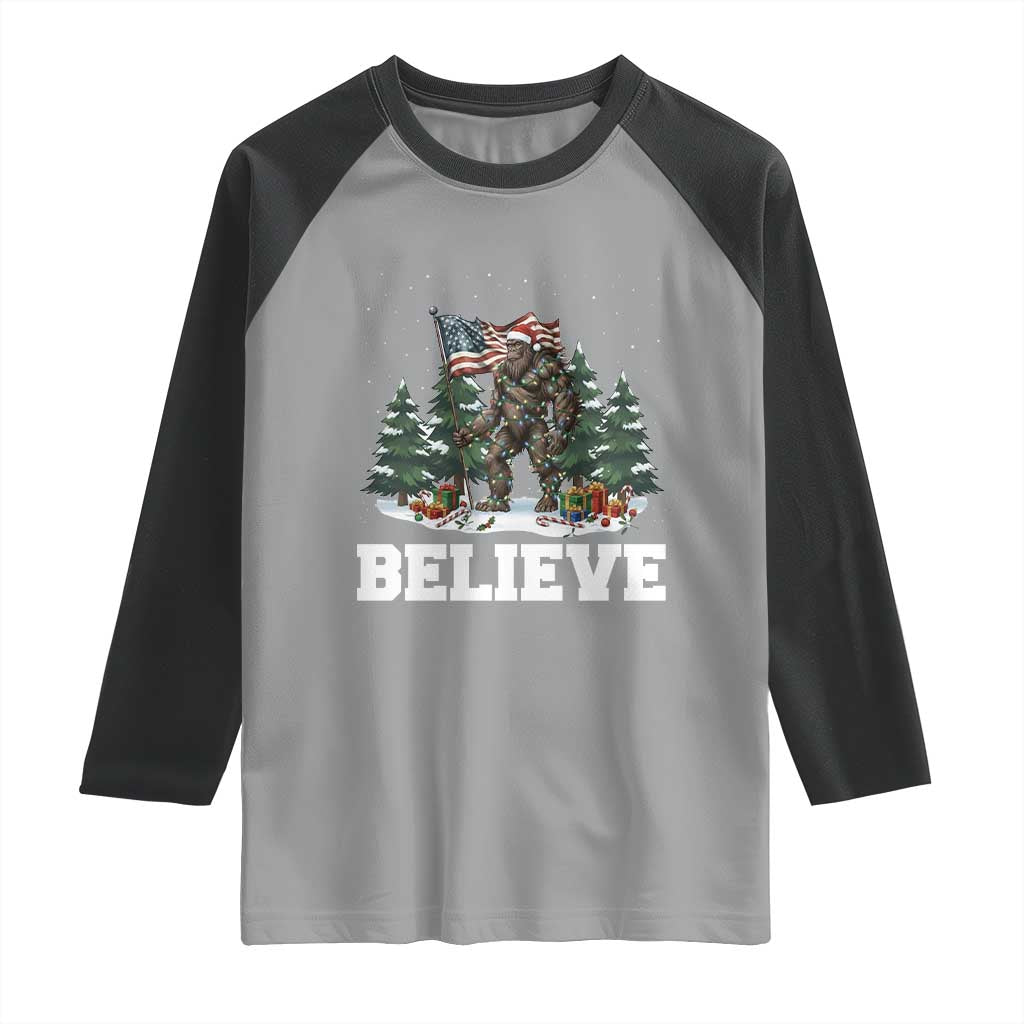 Funny Believe Bigfoot Christmas Raglan Shirt American Flag Sasquatch Holiday Gift TS11 Sport Gray Black Print Your Wear
