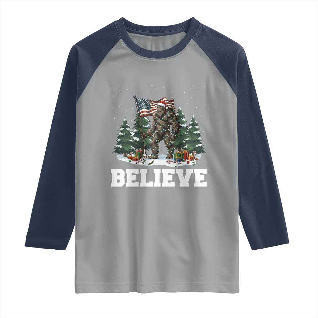 Funny Believe Bigfoot Christmas Raglan Shirt American Flag Sasquatch Holiday Gift TS11 Sport Gray Navy Print Your Wear