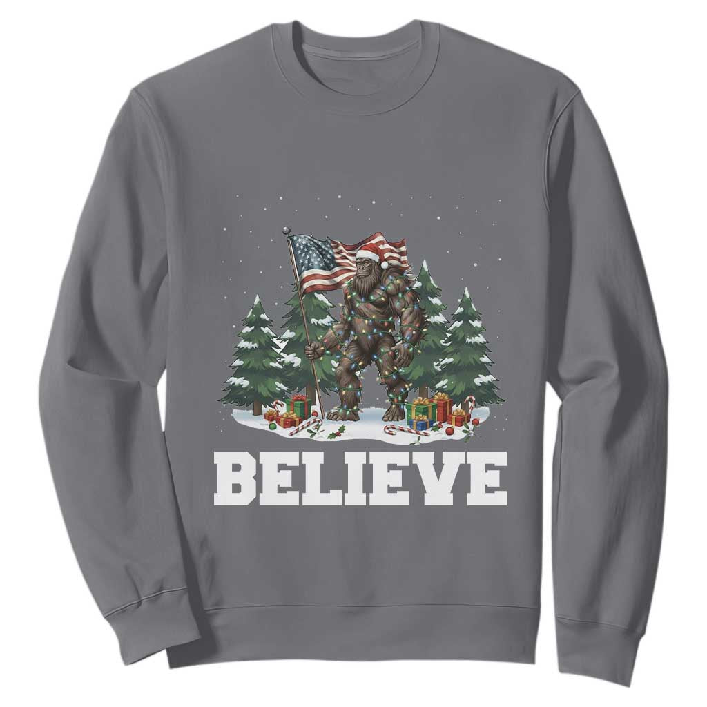 Funny Believe Bigfoot Christmas Sweatshirt American Flag Sasquatch Holiday Gift TS11 Charcoal Print Your Wear