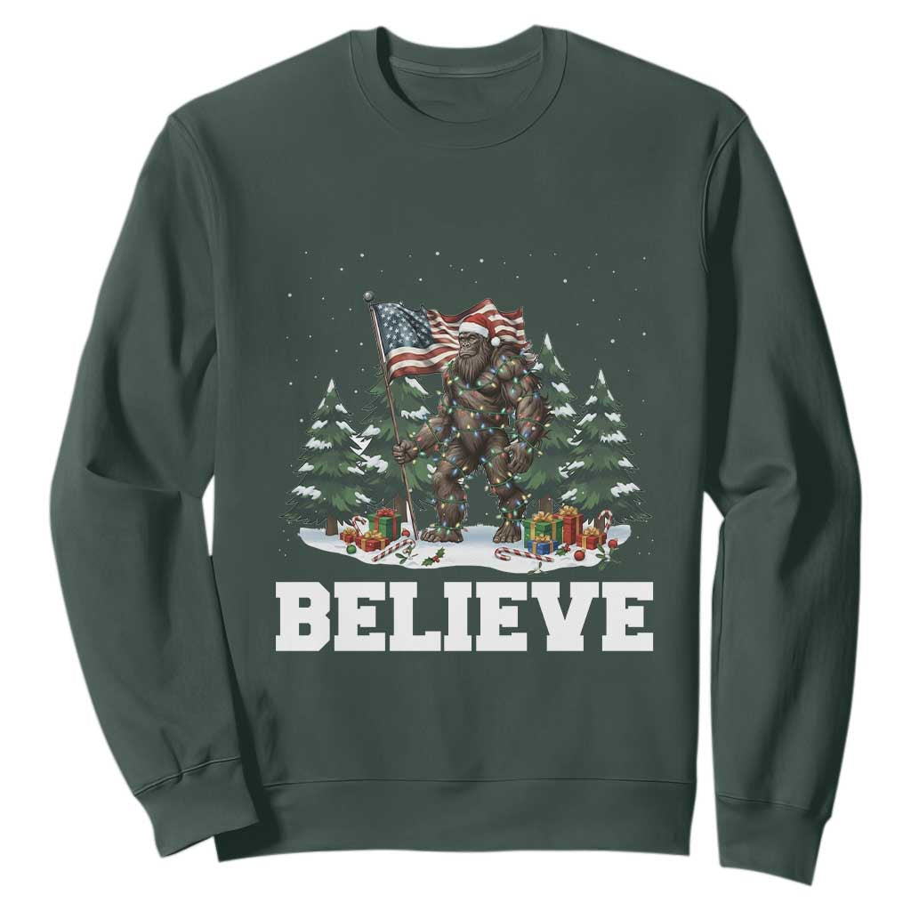 Funny Believe Bigfoot Christmas Sweatshirt American Flag Sasquatch Holiday Gift TS11 Dark Forest Green Print Your Wear