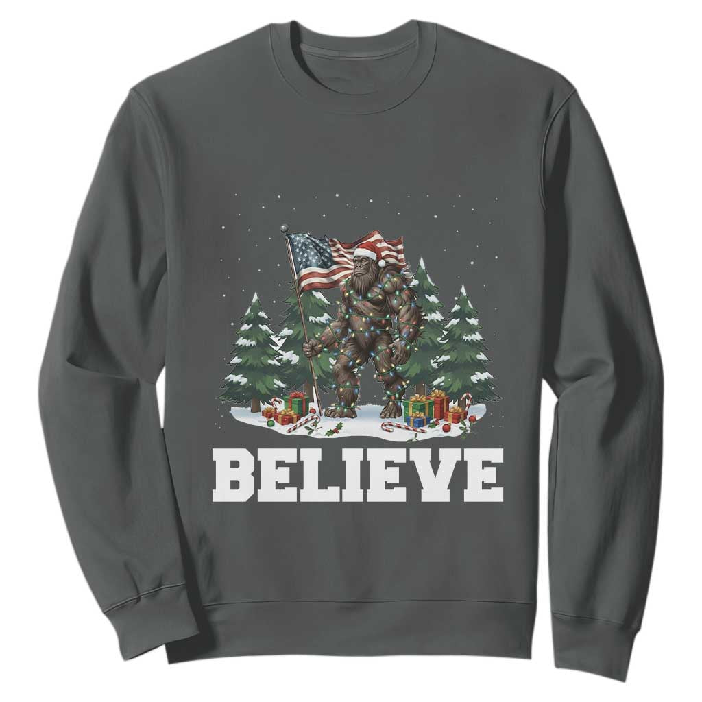 Funny Believe Bigfoot Christmas Sweatshirt American Flag Sasquatch Holiday Gift TS11 Dark Heather Print Your Wear