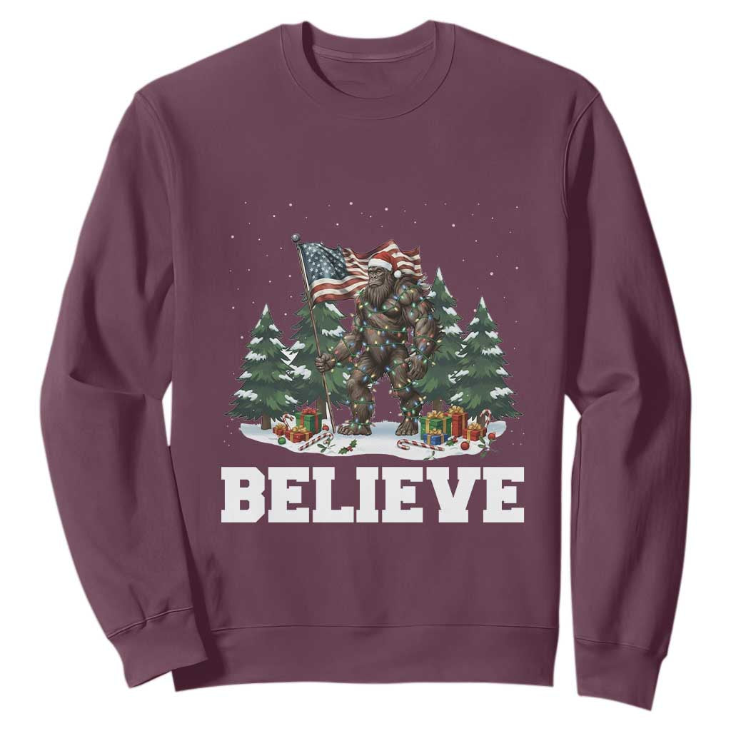 Funny Believe Bigfoot Christmas Sweatshirt American Flag Sasquatch Holiday Gift TS11 Maroon Print Your Wear