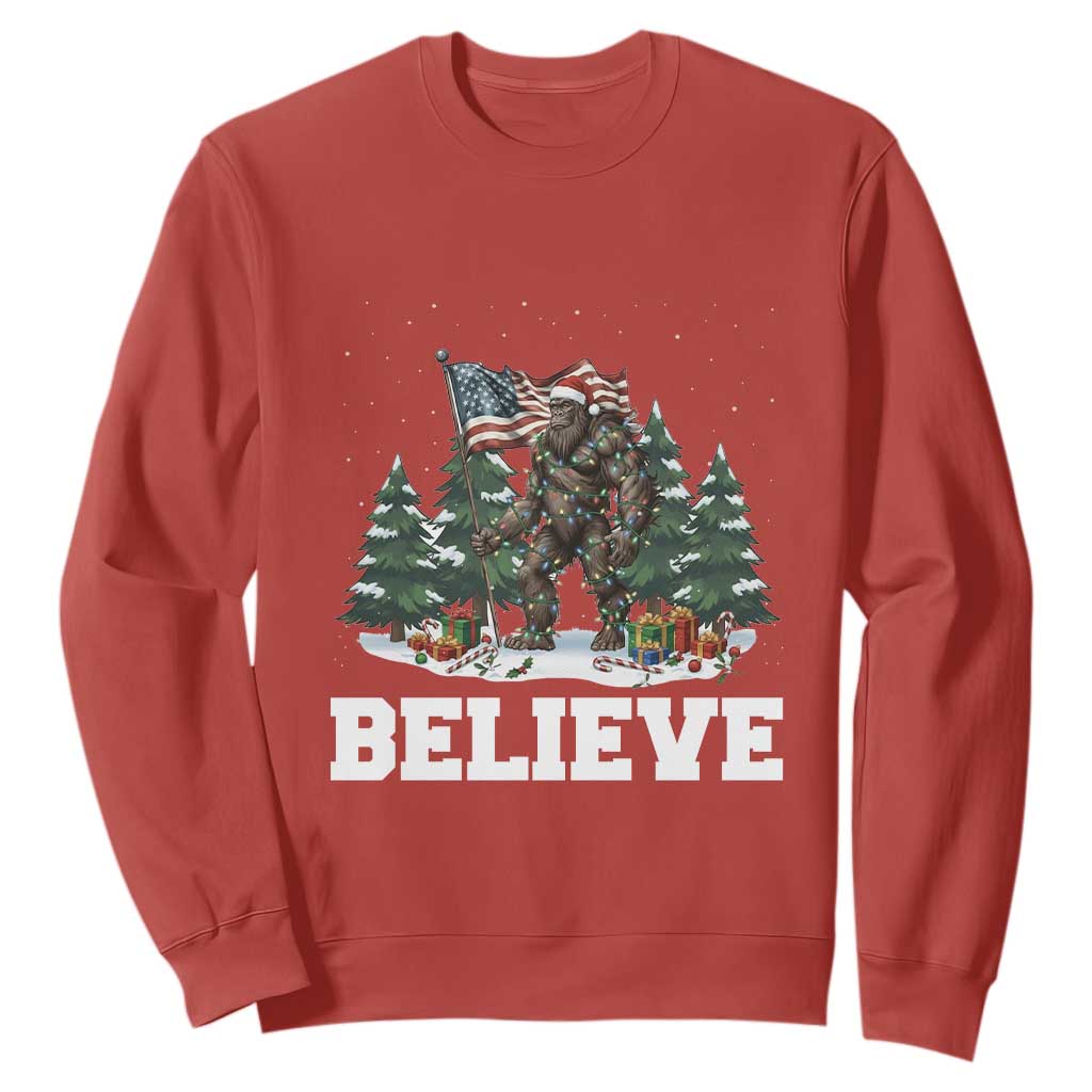 Funny Believe Bigfoot Christmas Sweatshirt American Flag Sasquatch Holiday Gift TS11 Red Print Your Wear