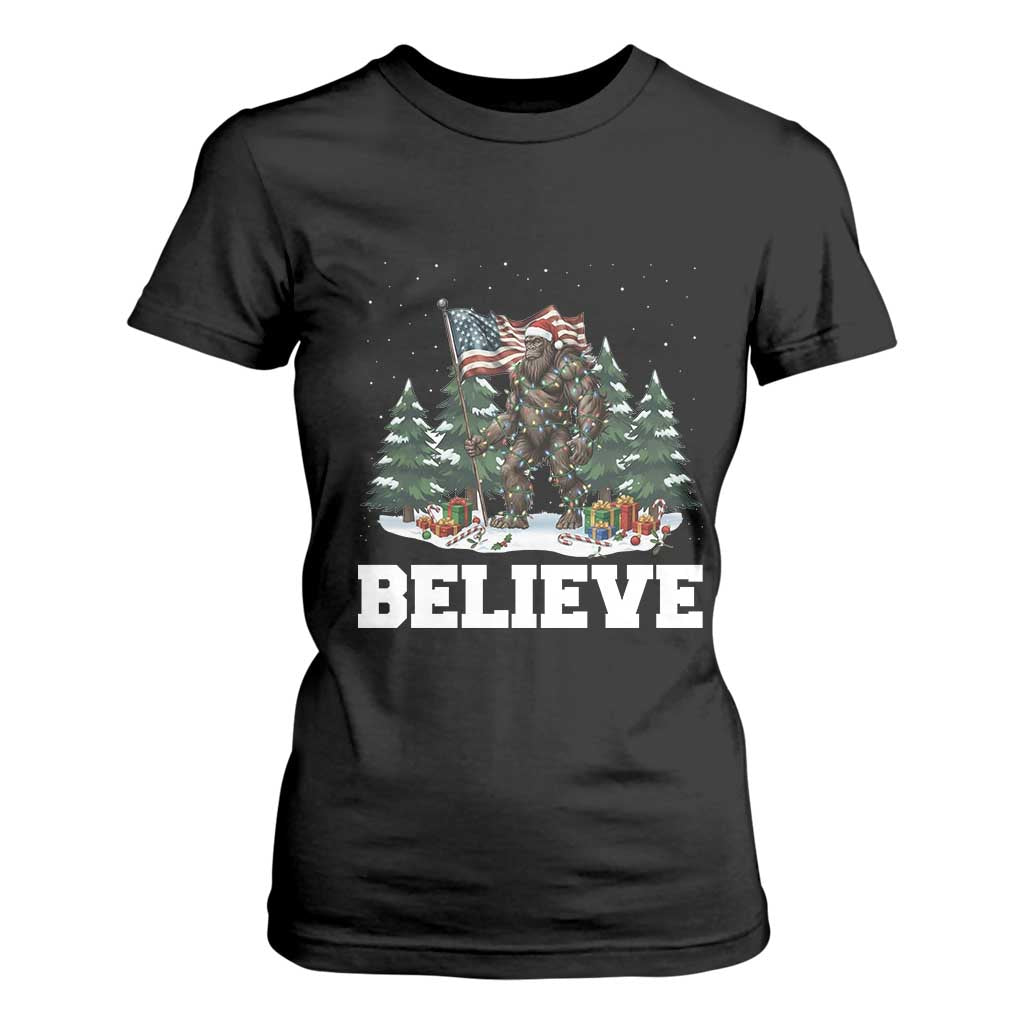 Funny Believe Bigfoot Christmas T Shirt For Women American Flag Sasquatch Holiday Gift TS11 Black Print Your Wear