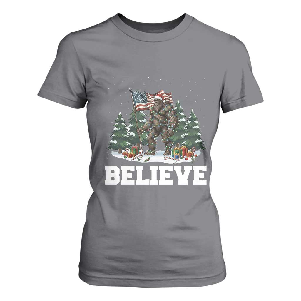 Funny Believe Bigfoot Christmas T Shirt For Women American Flag Sasquatch Holiday Gift TS11 Charcoal Print Your Wear
