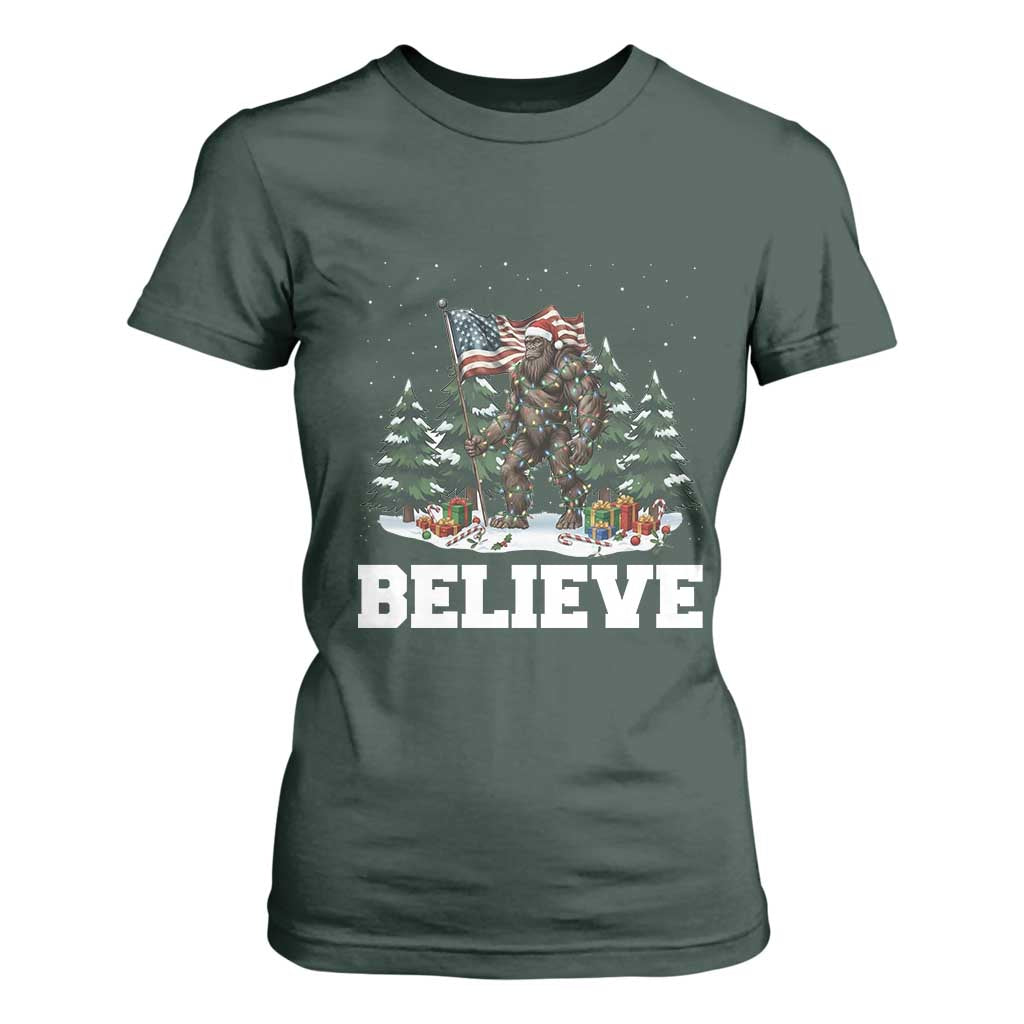 Funny Believe Bigfoot Christmas T Shirt For Women American Flag Sasquatch Holiday Gift TS11 Dark Forest Green Print Your Wear