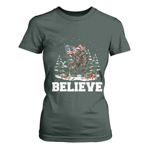 Funny Believe Bigfoot Christmas T Shirt For Women American Flag Sasquatch Holiday Gift TS11 Dark Forest Green Print Your Wear
