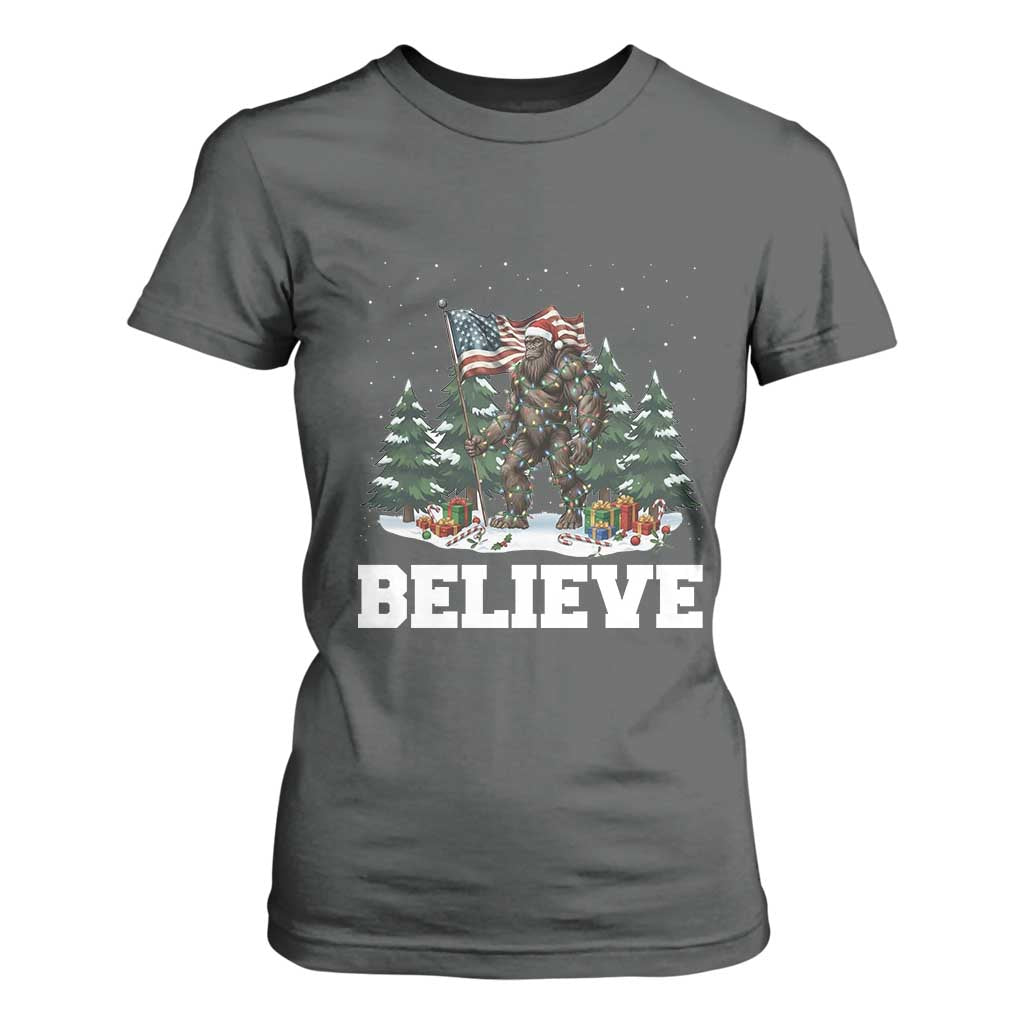 Funny Believe Bigfoot Christmas T Shirt For Women American Flag Sasquatch Holiday Gift TS11 Dark Heather Print Your Wear