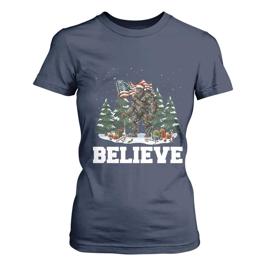 Funny Believe Bigfoot Christmas T Shirt For Women American Flag Sasquatch Holiday Gift TS11 Navy Print Your Wear