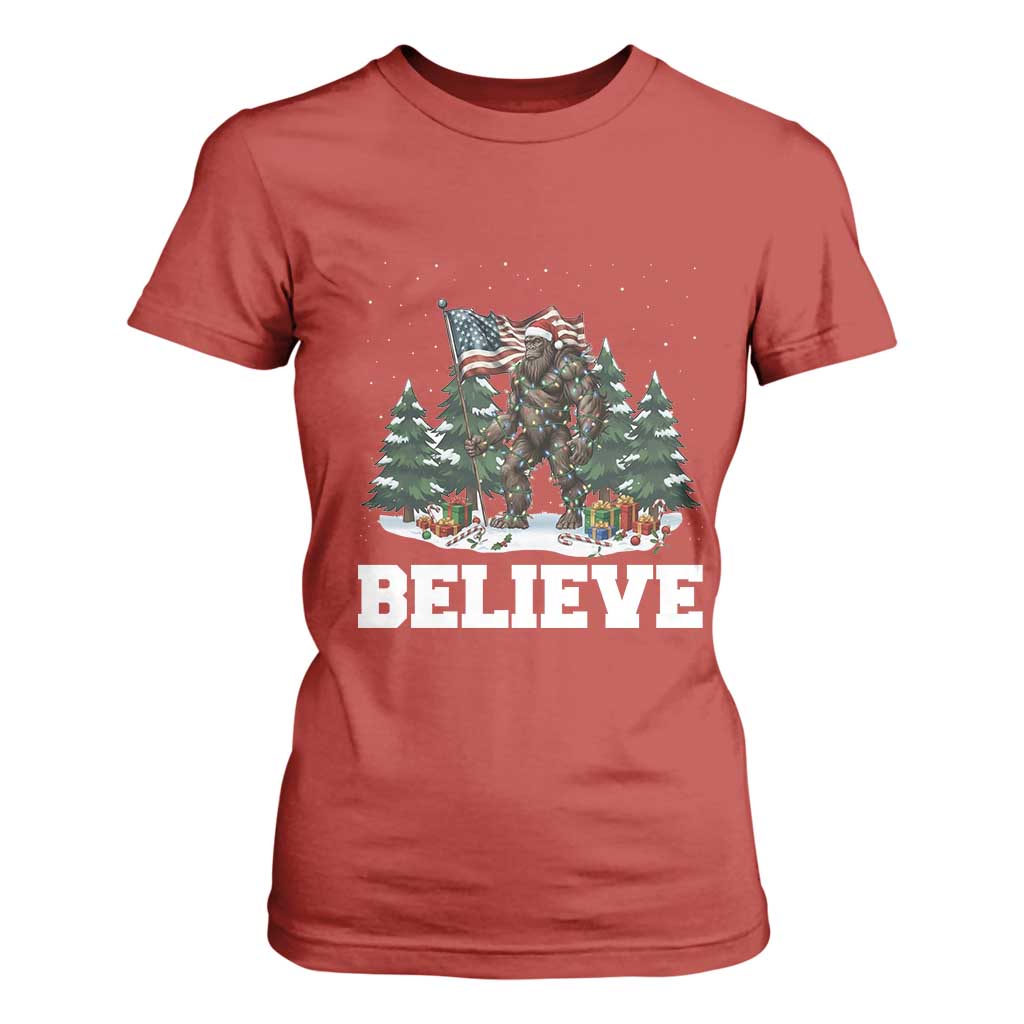 Funny Believe Bigfoot Christmas T Shirt For Women American Flag Sasquatch Holiday Gift TS11 Red Print Your Wear