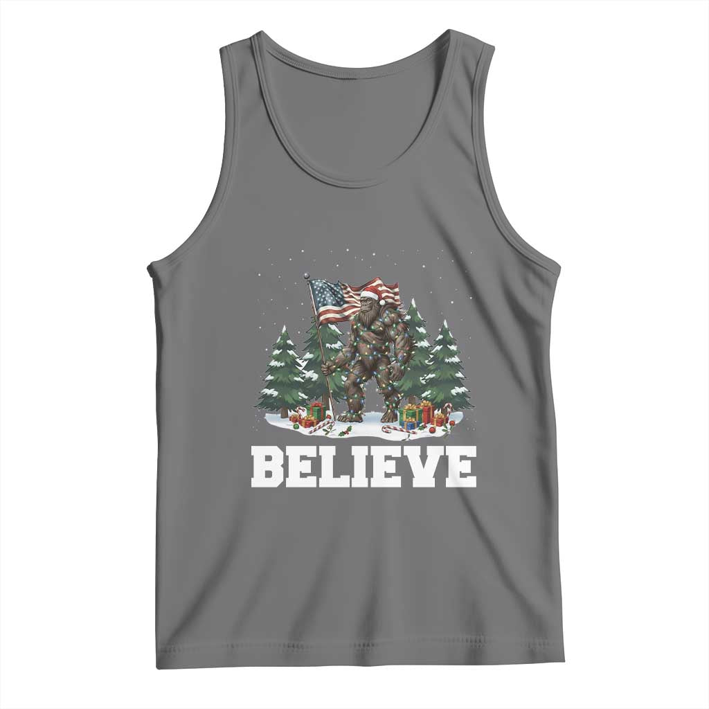 Funny Believe Bigfoot Christmas Tank Top American Flag Sasquatch Holiday Gift TS11 Black Heather Print Your Wear