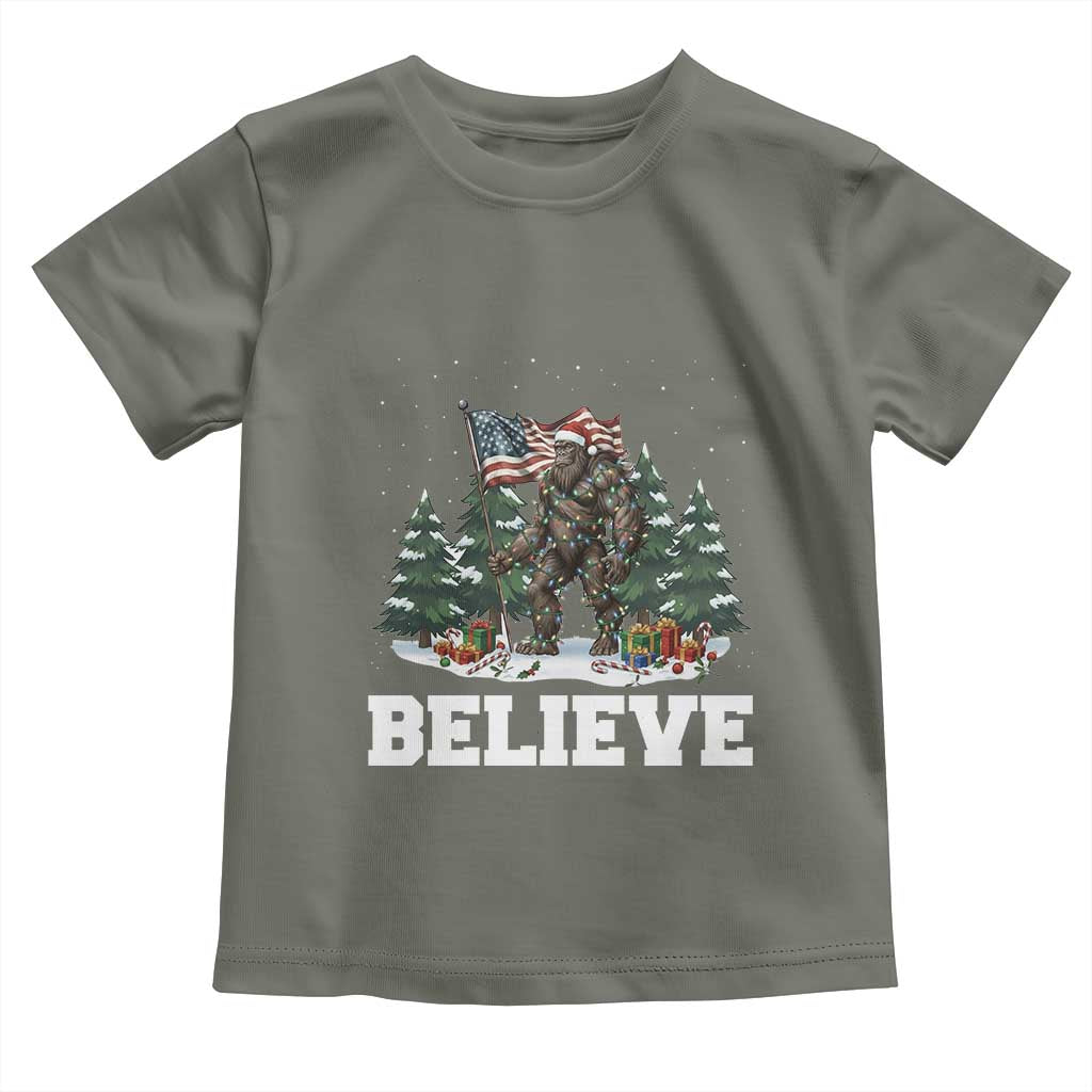 Funny Believe Bigfoot Christmas Toddler T Shirt American Flag Sasquatch Holiday Gift TS11 Military Green Print Your Wear