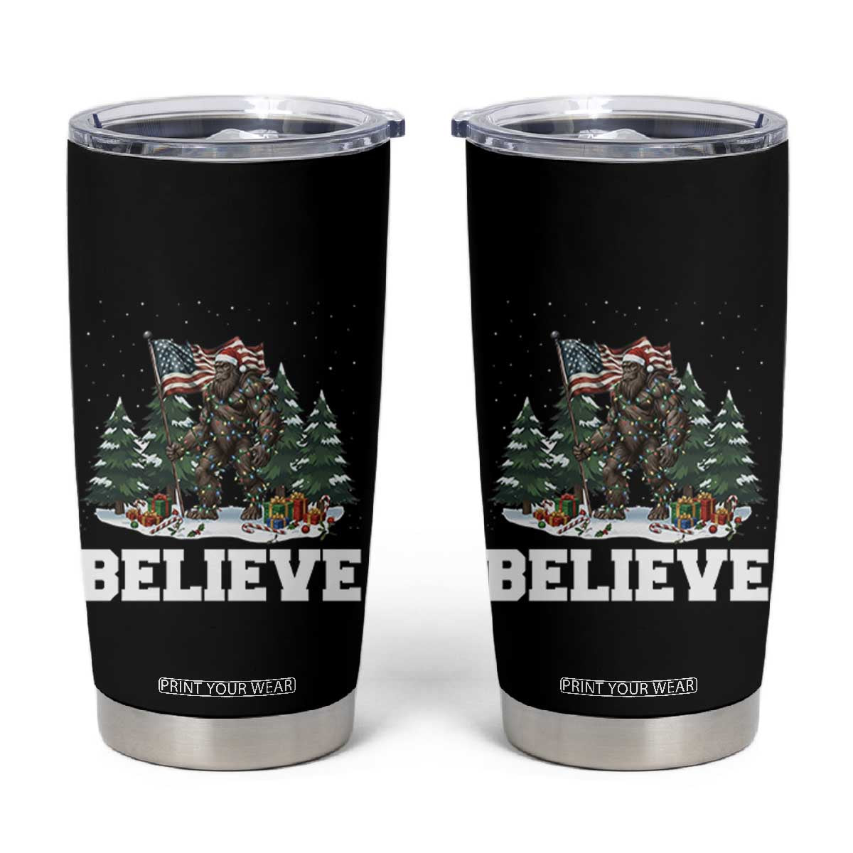 Funny Believe Bigfoot Christmas Tumbler Cup American Flag Sasquatch Holiday Gift TS11 Black Print Your Wear