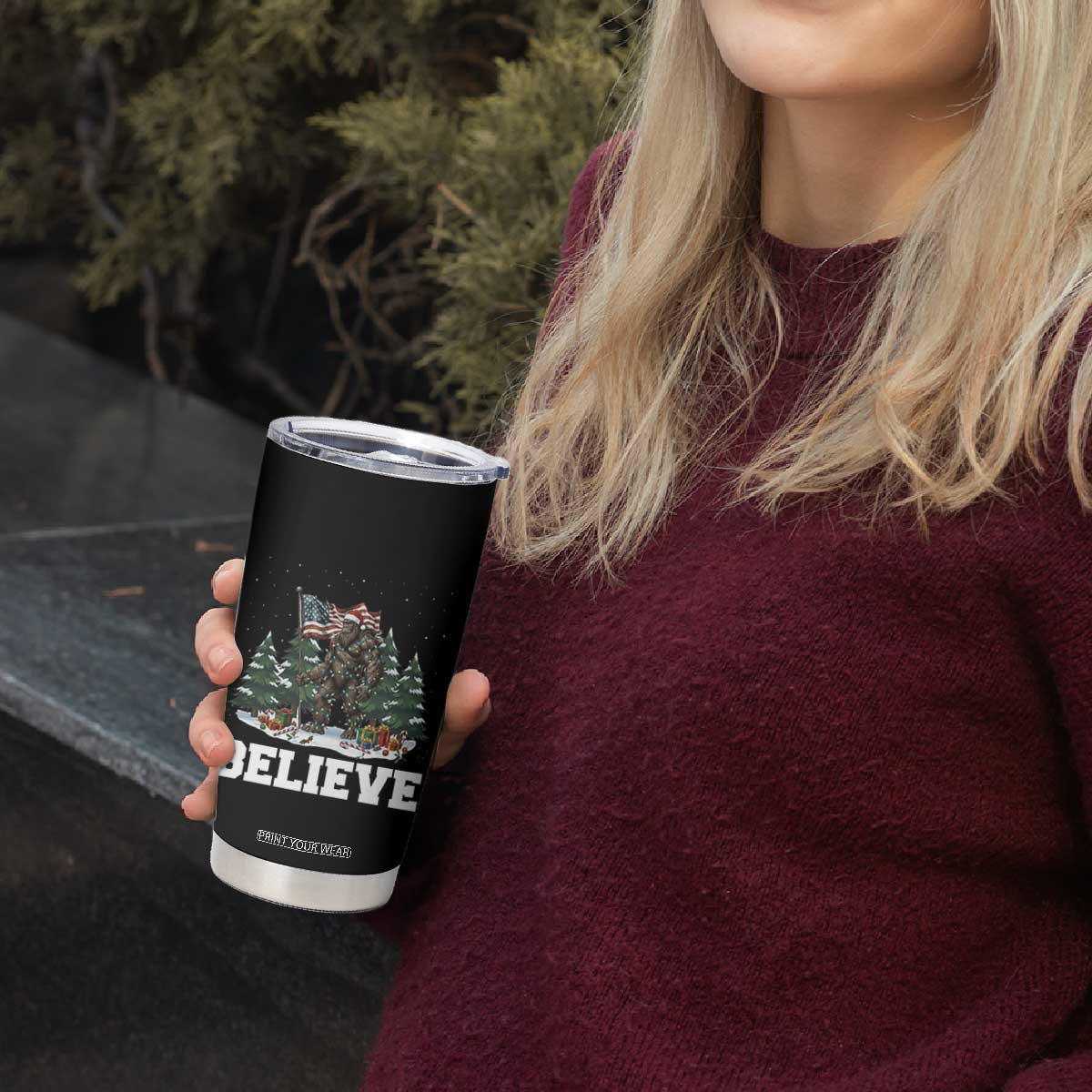 Funny Believe Bigfoot Christmas Tumbler Cup American Flag Sasquatch Holiday Gift TS11 Print Your Wear