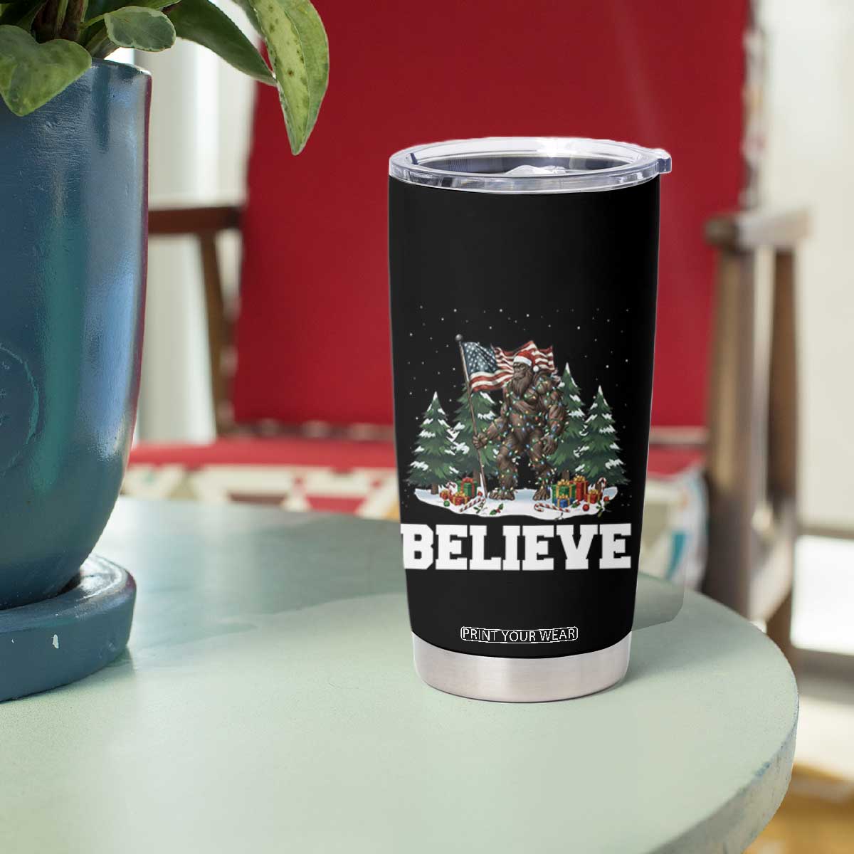 Funny Believe Bigfoot Christmas Tumbler Cup American Flag Sasquatch Holiday Gift TS11 Print Your Wear