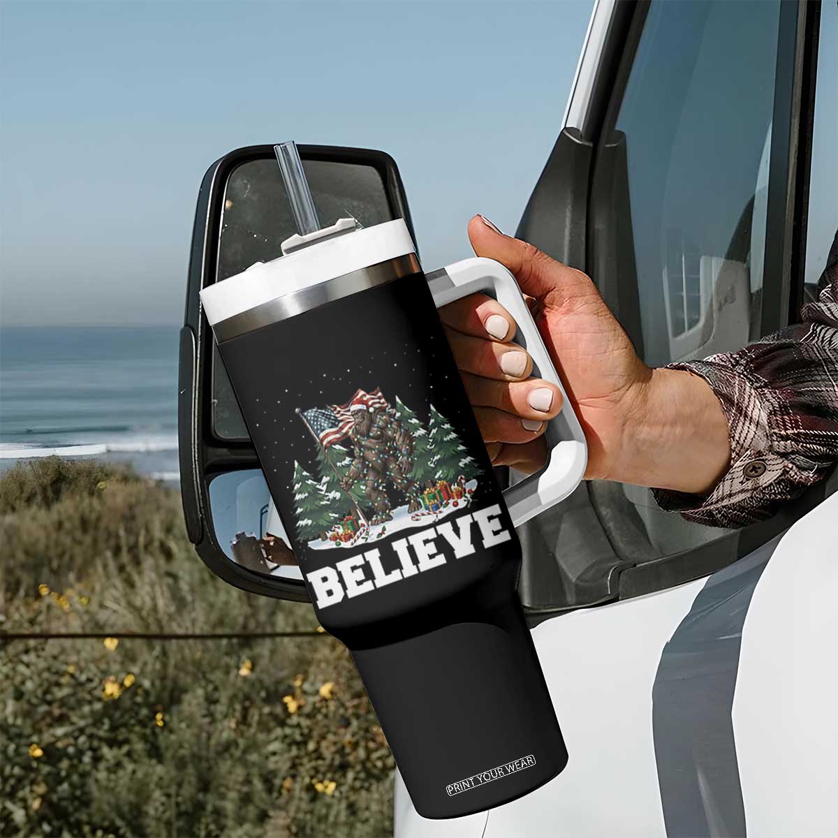 Funny Believe Bigfoot Christmas Tumbler With Handle American Flag Sasquatch Holiday Gift TS11 Print Your Wear