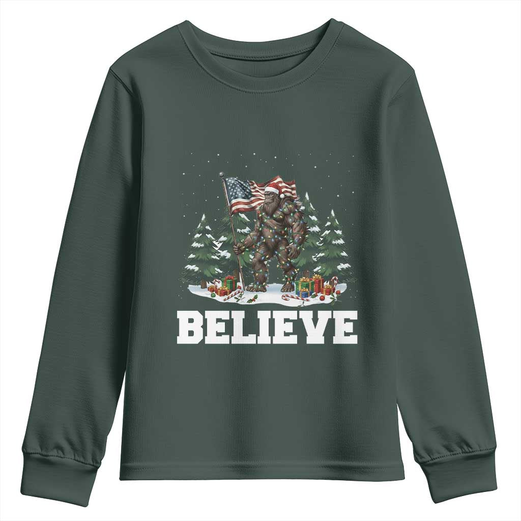 Funny Believe Bigfoot Christmas Youth Sweatshirt American Flag Sasquatch Holiday Gift TS11 Dark Forest Green Print Your Wear