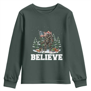 Funny Believe Bigfoot Christmas Youth Sweatshirt American Flag Sasquatch Holiday Gift TS11 Dark Forest Green Print Your Wear