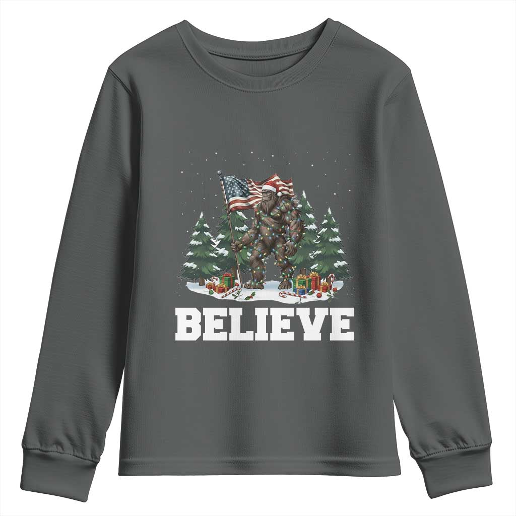 Funny Believe Bigfoot Christmas Youth Sweatshirt American Flag Sasquatch Holiday Gift TS11 Dark Heather Print Your Wear
