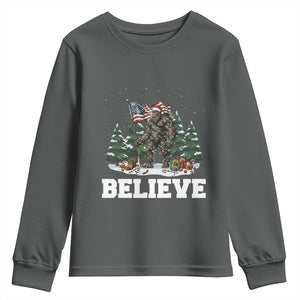 Funny Believe Bigfoot Christmas Youth Sweatshirt American Flag Sasquatch Holiday Gift TS11 Dark Heather Print Your Wear