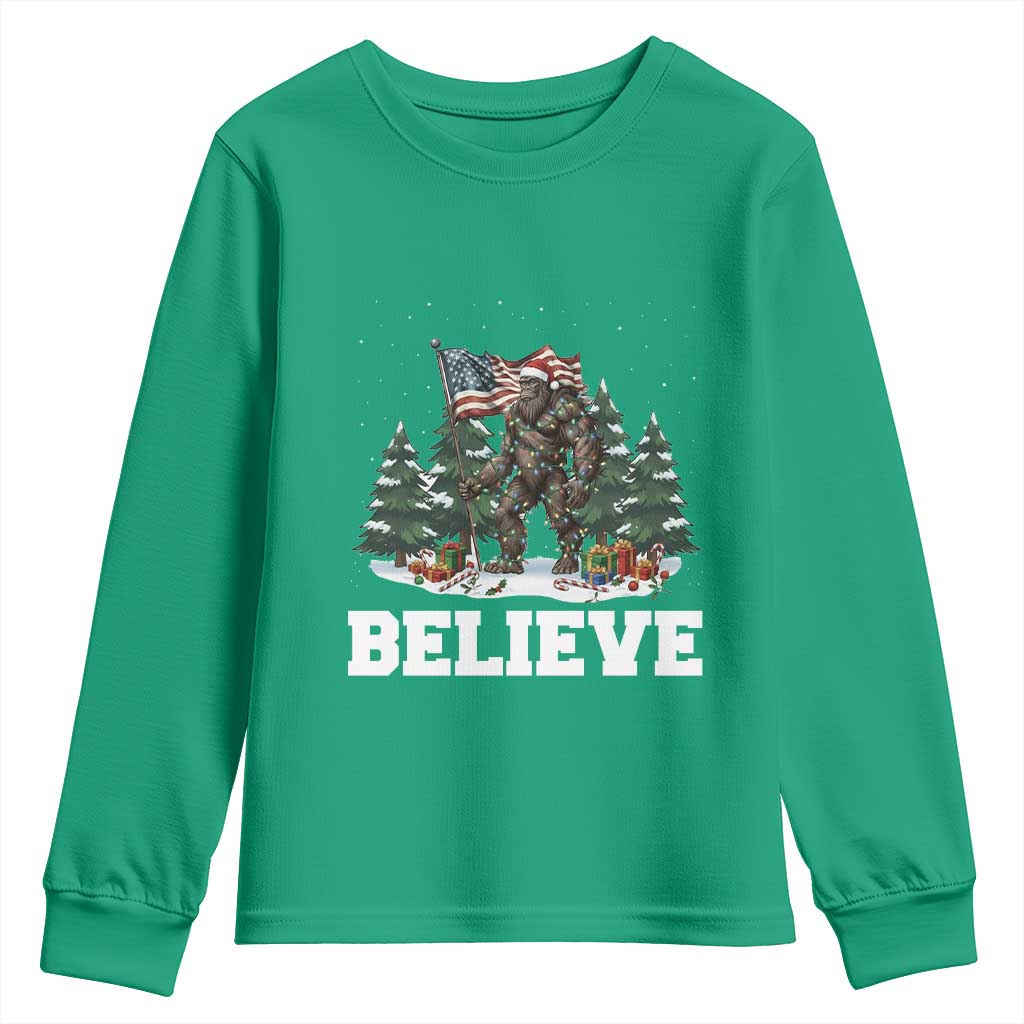 Funny Believe Bigfoot Christmas Youth Sweatshirt American Flag Sasquatch Holiday Gift TS11 Irish Green Print Your Wear