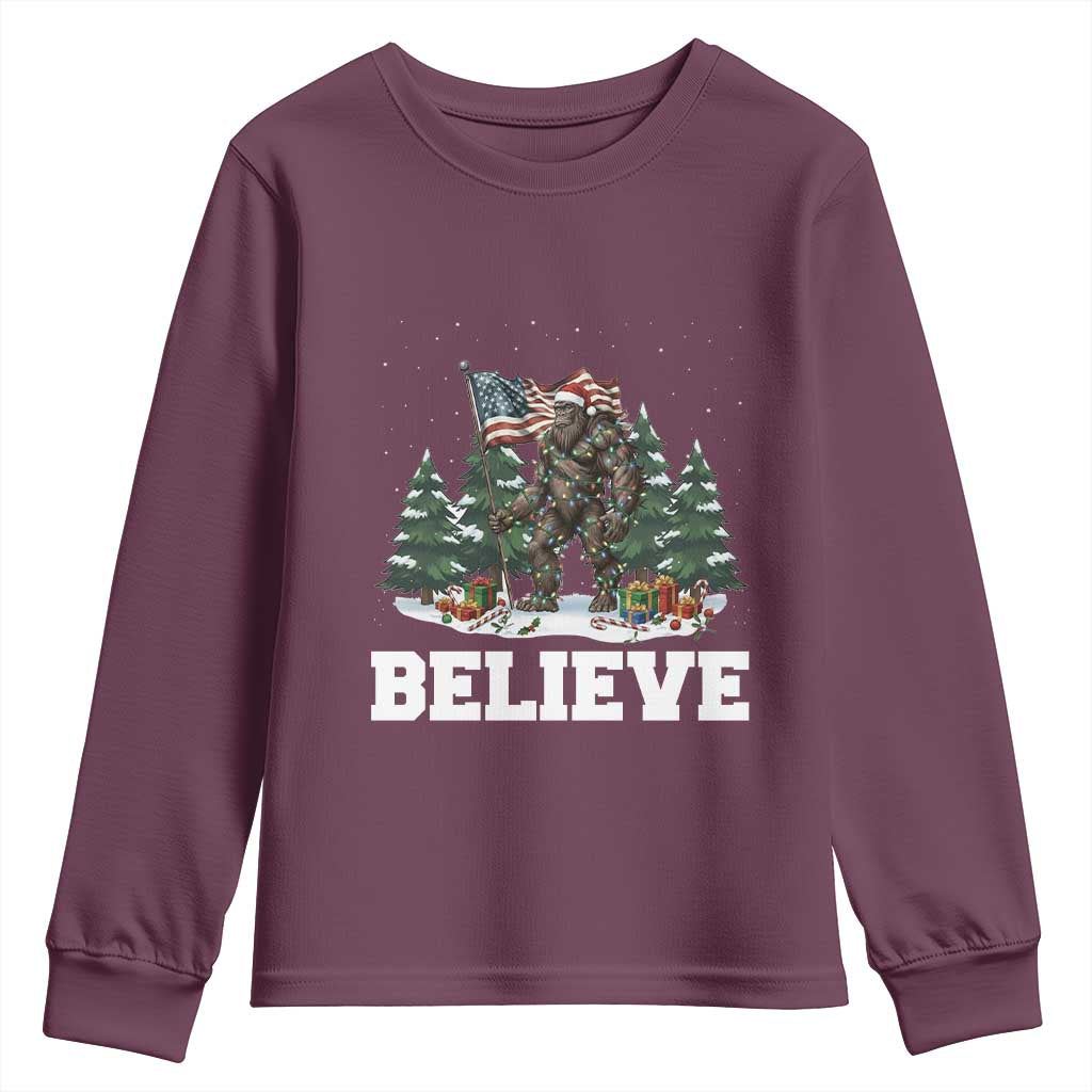 Funny Believe Bigfoot Christmas Youth Sweatshirt American Flag Sasquatch Holiday Gift TS11 Maroon Print Your Wear