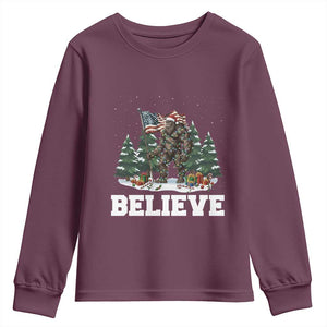 Funny Believe Bigfoot Christmas Youth Sweatshirt American Flag Sasquatch Holiday Gift TS11 Maroon Print Your Wear