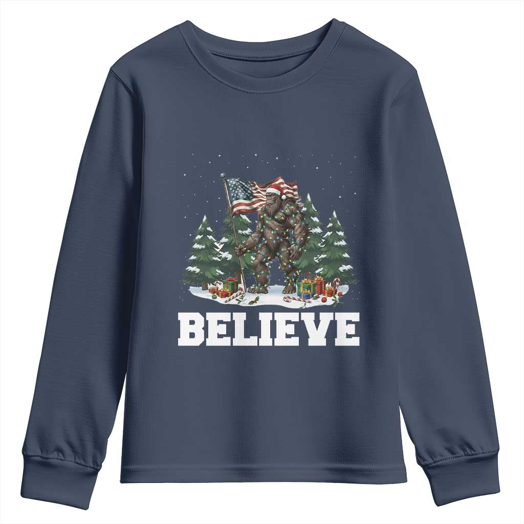 Funny Believe Bigfoot Christmas Youth Sweatshirt American Flag Sasquatch Holiday Gift TS11 Navy Print Your Wear