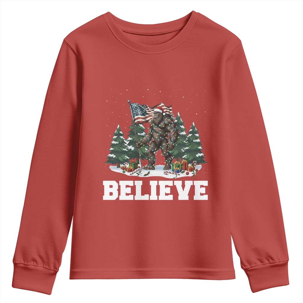 Funny Believe Bigfoot Christmas Youth Sweatshirt American Flag Sasquatch Holiday Gift TS11 Red Print Your Wear