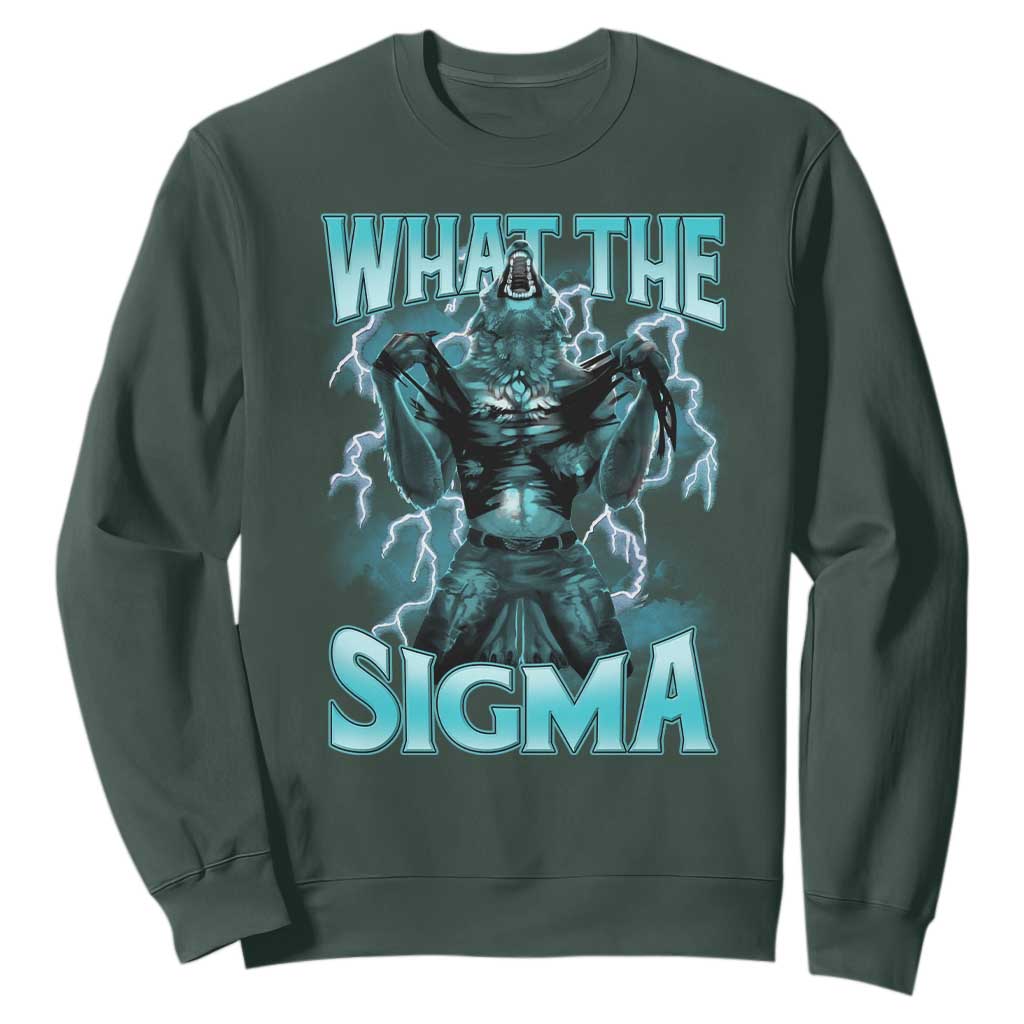 Funny What The Sigma Sweatshirt Alpha Wolf Oddly Specific Thunder Meme TS11 Dark Forest Green Print Your Wear