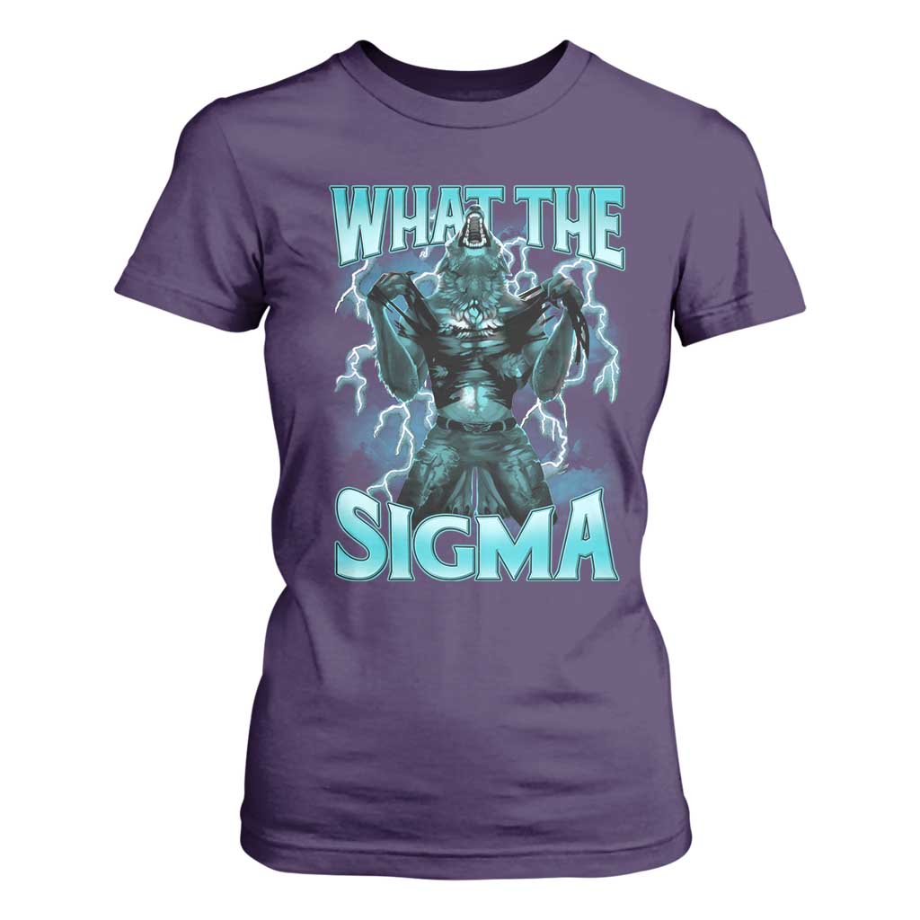 Funny What The Sigma T Shirt For Women Alpha Wolf Oddly Specific Thunder Meme TS11 Purple Print Your Wear
