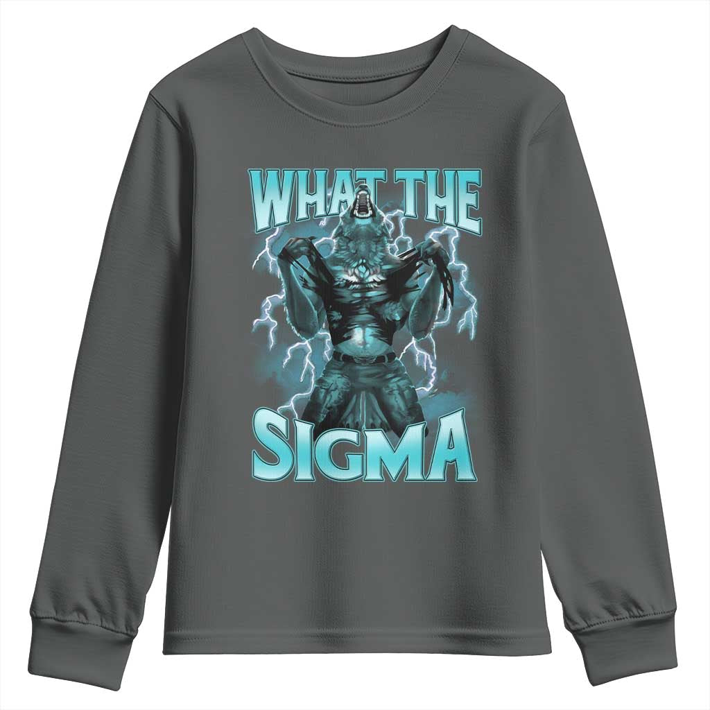 Funny What The Sigma Youth Sweatshirt Alpha Wolf Oddly Specific Thunder Meme TS11 Dark Heather Print Your Wear