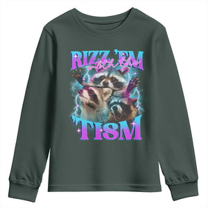 Funny Rizz Em With The Tism Youth Sweatshirt Meme Autistic Racoon TS11 Dark Forest Green Print Your Wear