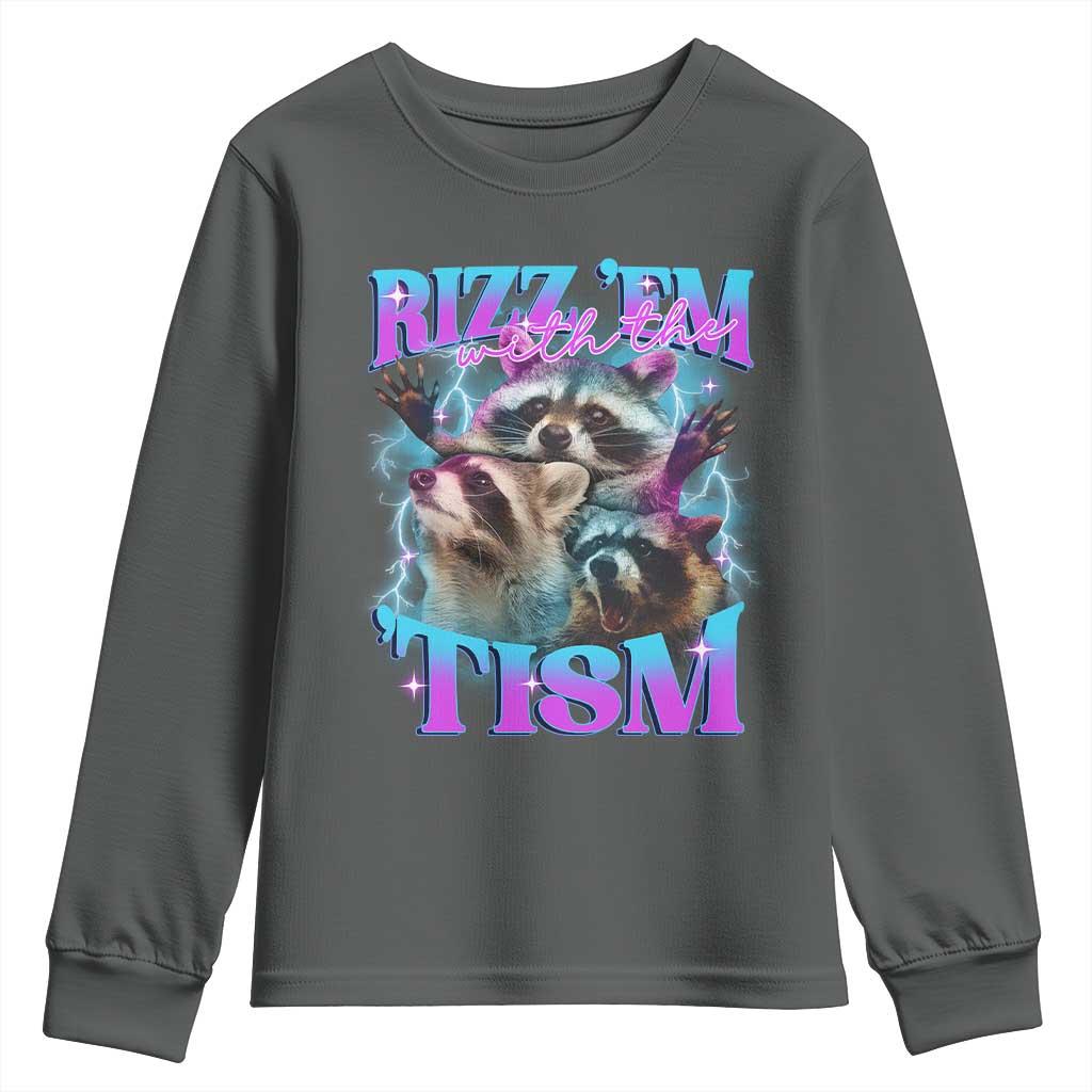 Funny Rizz Em With The Tism Youth Sweatshirt Meme Autistic Racoon TS11 Dark Heather Print Your Wear