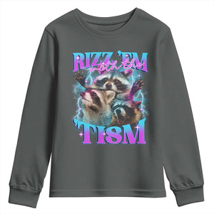 Funny Rizz Em With The Tism Youth Sweatshirt Meme Autistic Racoon TS11 Dark Heather Print Your Wear