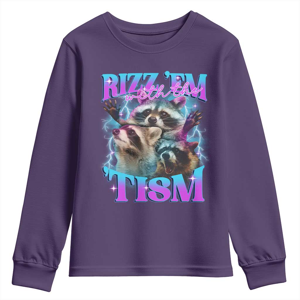 Funny Rizz Em With The Tism Youth Sweatshirt Meme Autistic Racoon TS11 Purple Print Your Wear