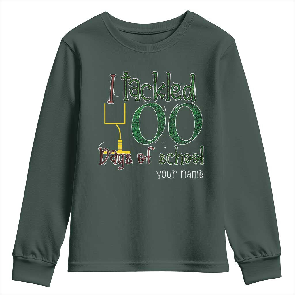 Personalized 100TH Day Of School Football Youth Sweatshirt Custom Text I Tackled 100 Days Of School TS11 Dark Forest Green Print Your Wear