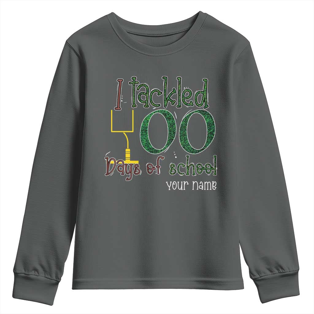 Personalized 100TH Day Of School Football Youth Sweatshirt Custom Text I Tackled 100 Days Of School TS11 Dark Heather Print Your Wear