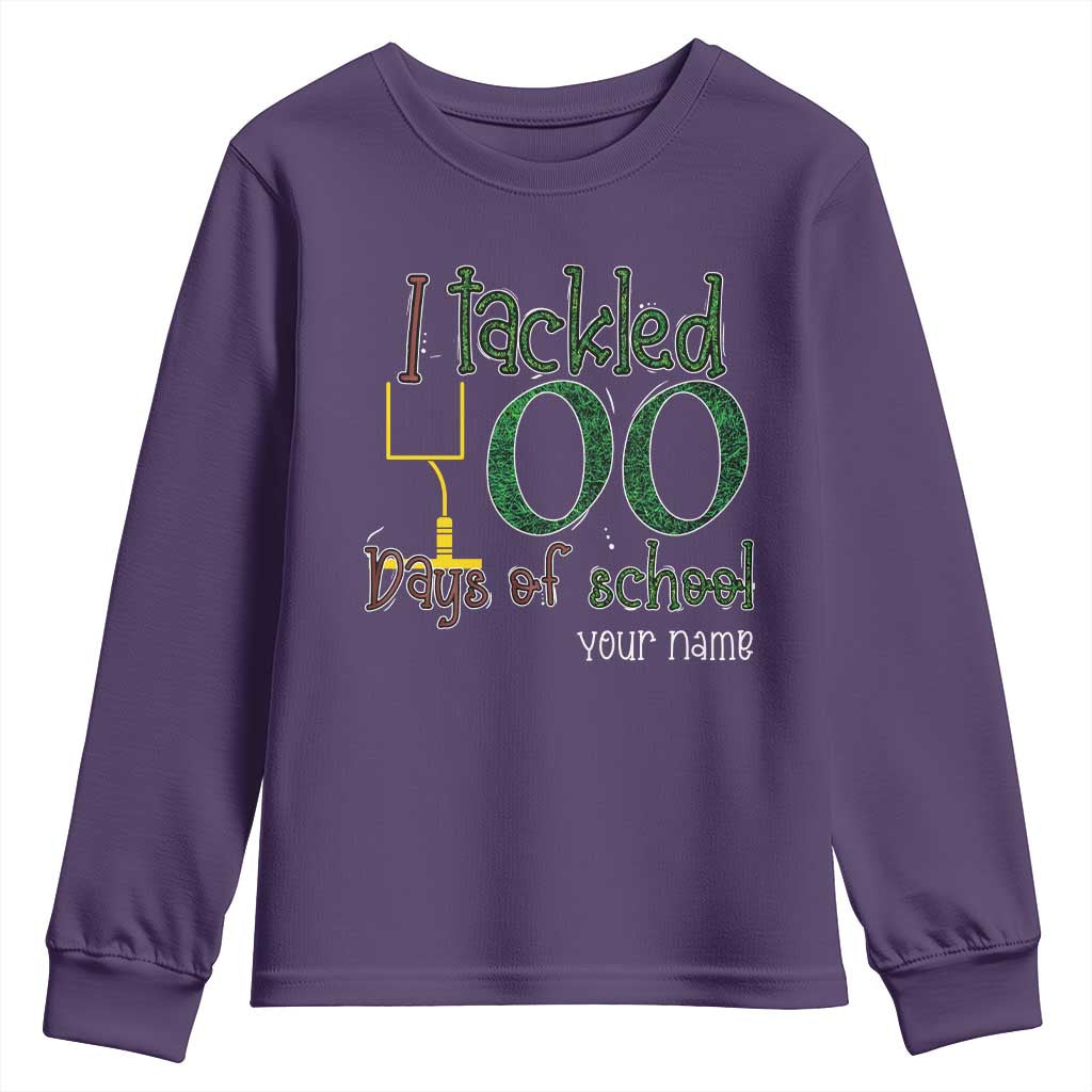 Personalized 100TH Day Of School Football Youth Sweatshirt Custom Text I Tackled 100 Days Of School TS11 Purple Print Your Wear