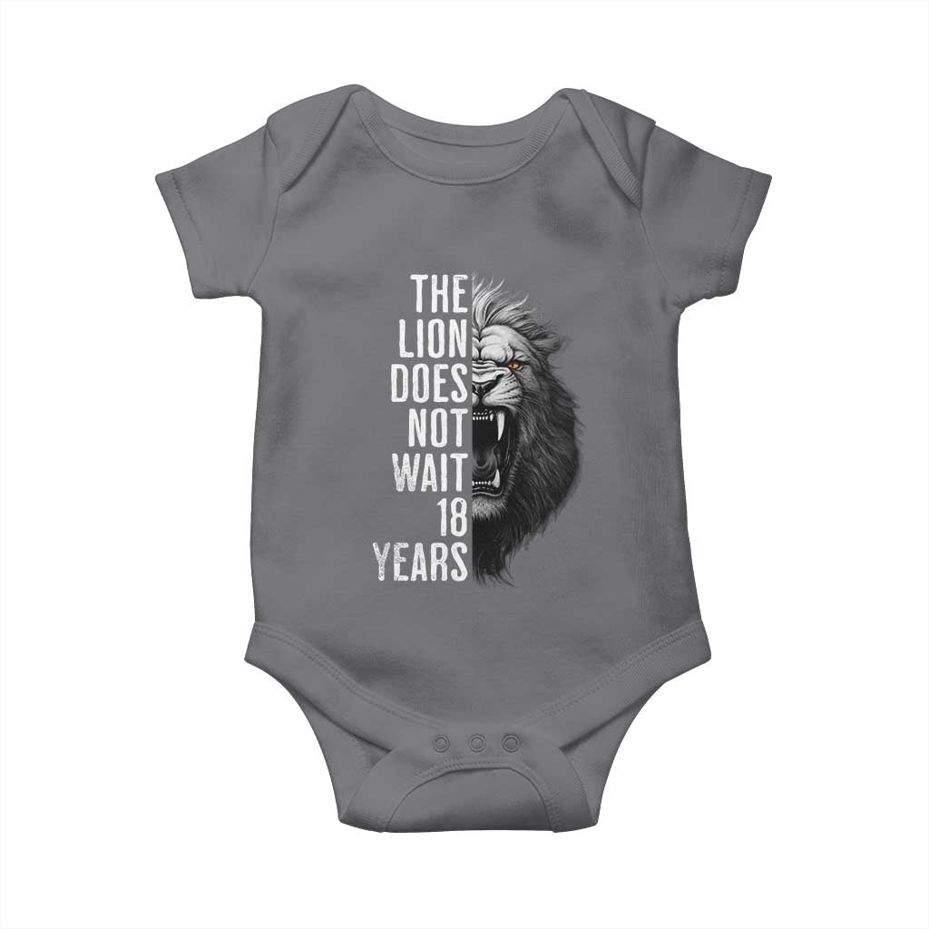 Funny The Lion Does Not Wait 18 Years Baby Onesie Lion Meme Gen Z Alpha TS11 Charcoal Print Your Wear
