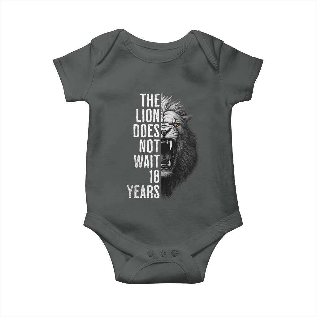 Funny The Lion Does Not Wait 18 Years Baby Onesie Lion Meme Gen Z Alpha TS11 Dark Heather Print Your Wear