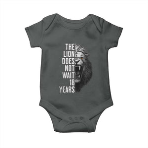 Funny The Lion Does Not Wait 18 Years Baby Onesie Lion Meme Gen Z Alpha TS11 Dark Heather Print Your Wear