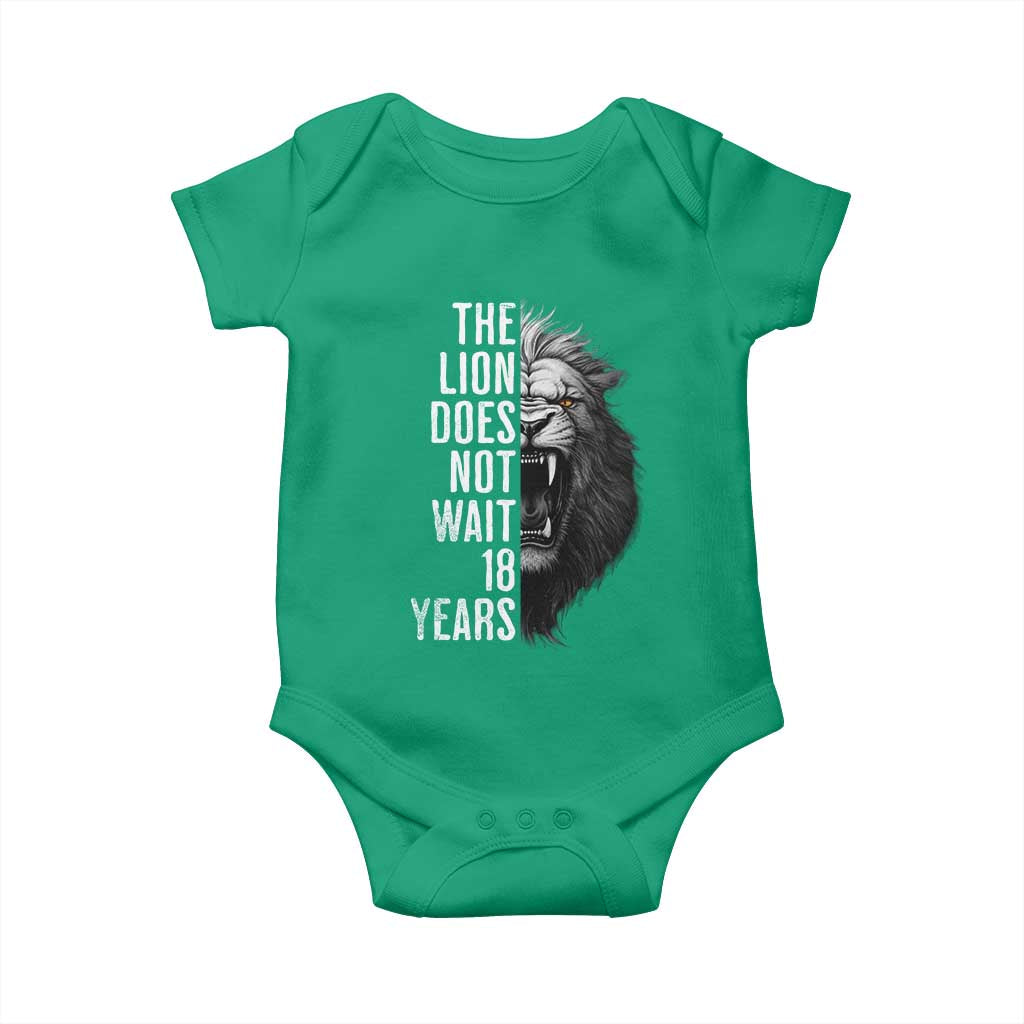 Funny The Lion Does Not Wait 18 Years Baby Onesie Lion Meme Gen Z Alpha TS11 Irish Green Print Your Wear