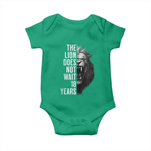 Funny The Lion Does Not Wait 18 Years Baby Onesie Lion Meme Gen Z Alpha TS11 Irish Green Print Your Wear