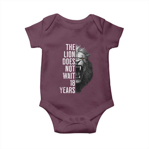 Funny The Lion Does Not Wait 18 Years Baby Onesie Lion Meme Gen Z Alpha TS11 Maroon Print Your Wear