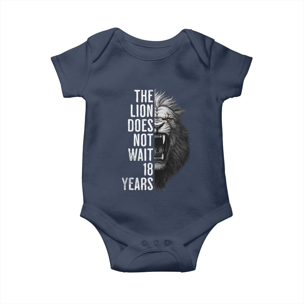 Funny The Lion Does Not Wait 18 Years Baby Onesie Lion Meme Gen Z Alpha TS11 Navy Print Your Wear