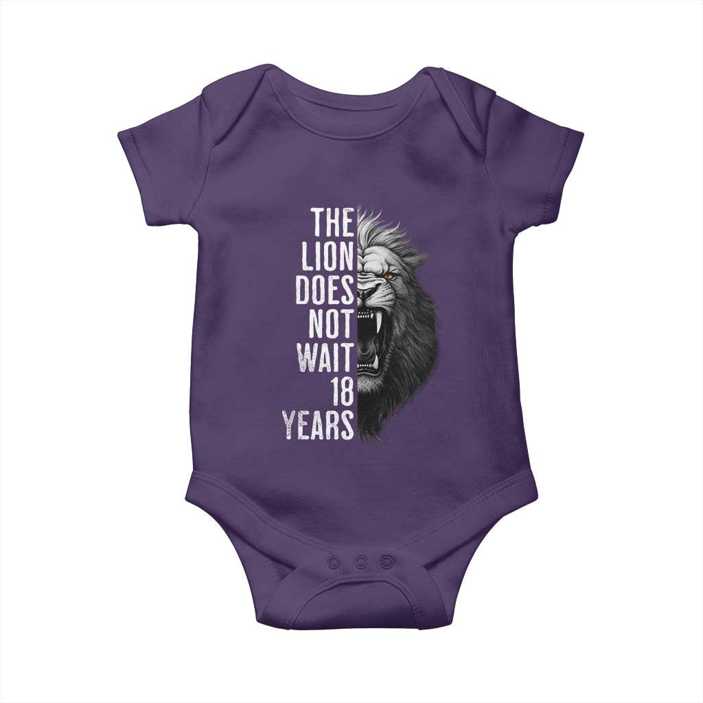 Funny The Lion Does Not Wait 18 Years Baby Onesie Lion Meme Gen Z Alpha TS11 Purple Print Your Wear