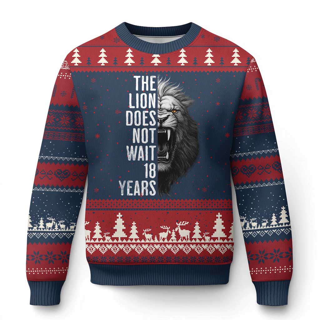 Funny The Lion Does Not Wait 18 Years Ugly Christmas Sweater Lion Meme Gen Z Alpha TS11 Navy Red Print Your Wear