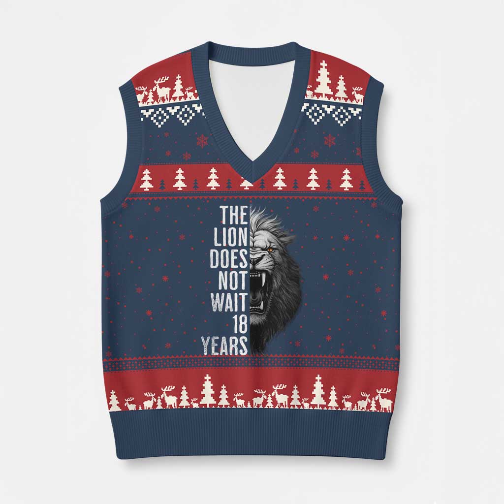 Funny The Lion Does Not Wait 18 Years V-Neck Knit Sweater Vest Lion Meme Gen Z Alpha TS11 Navy Red Print Your Wear